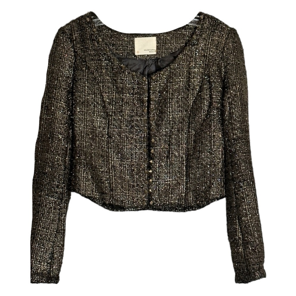 🌺 Mustard Seed Studded Gold Metallic Tweed Cropped Evening Jacket Size S